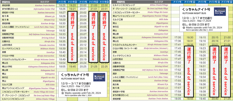 くっちゃんナイト号時刻表20240301